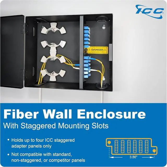 Alt view image 2 of 7 - ICC Fiber Optic Wall Mount Enclosure with Staggered Mounting Slots 4 Slots for ICC Adapter Panels or Cassettes (Sold Separately), Supports up to 96 Fibers, Secure Fiber Management System, ICFODE41WH