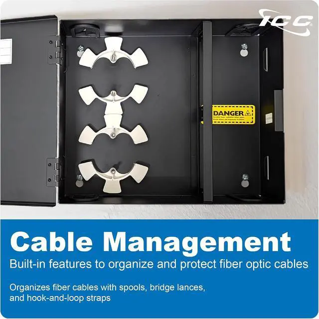 Alt view image 5 of 7 - ICC Fiber Optic Wall Mount Enclosure with Staggered Mounting Slots 4 Slots for ICC Adapter Panels or Cassettes (Sold Separately), Supports up to 96 Fibers, Secure Fiber Management System, ICFODE41WH