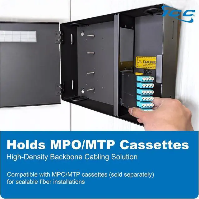 Alt view image 6 of 7 - ICC Fiber Optic Wall Mount Enclosure with Staggered Mounting Slots 4 Slots for ICC Adapter Panels or Cassettes (Sold Separately), Supports up to 96 Fibers, Secure Fiber Management System, ICFODE41WH