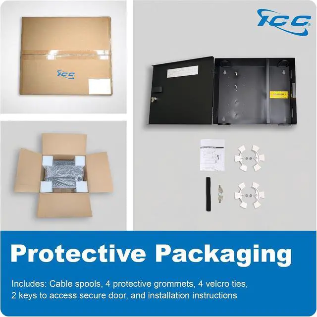 Alt view image 7 of 7 - ICC Fiber Optic Wall Mount Enclosure with Staggered Mounting Slots 4 Slots for ICC Adapter Panels or Cassettes (Sold Separately), Supports up to 96 Fibers, Secure Fiber Management System, ICFODE41WH