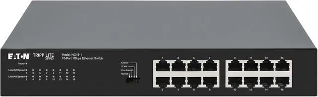 Main image of Eaton Tripp Lite Series 16 Port Switch Unmanaged Gigabit Ethernet, Metal Enclosure, Plug-and-Play, Ethernet Splitter, Auto-Negotiable, Desktop and 1U Rack Mount Switch, 3-Year Warranty (NG16-1)
