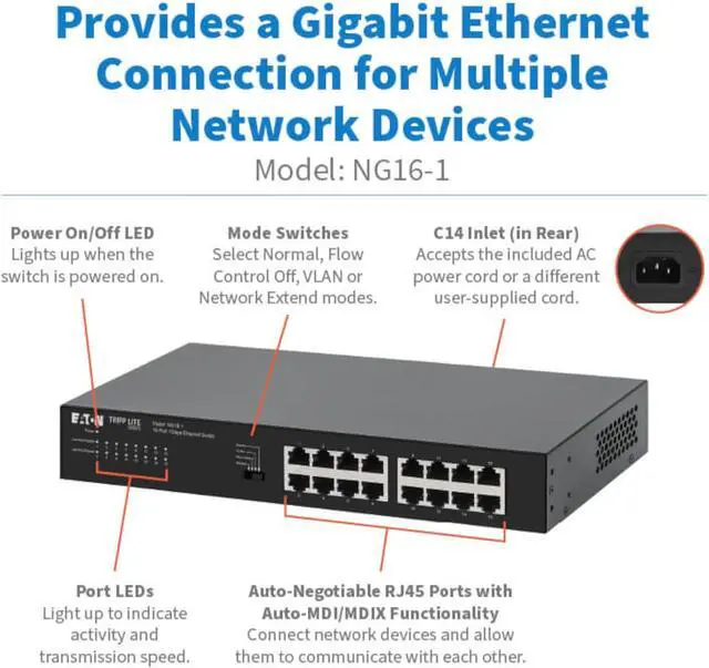 Alt view image 2 of 7 - Eaton Tripp Lite Series 16 Port Switch Unmanaged Gigabit Ethernet, Metal Enclosure, Plug-and-Play, Ethernet Splitter, Auto-Negotiable, Desktop and 1U Rack Mount Switch, 3-Year Warranty (NG16-1)