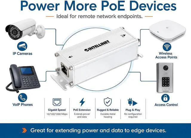 Alt view image 3 of 7 - Intellinet Gigabit PoE++ Extender Repeater, 802.3bt, 65W, IP30