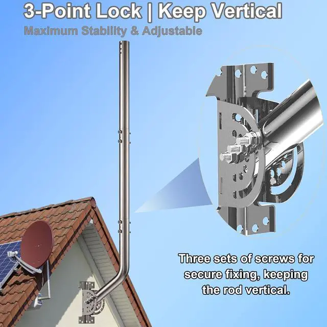 Alt view image 2 of 7 - 53" Heavy Duty Adjustable Antenna Wall Mount 430 Stainless Steel J-Pole Solid Mast Bracket for Starlink (Adapter Required), TV Antennas, Weather Stations 1.38" OD Pivot Base (Sliver)