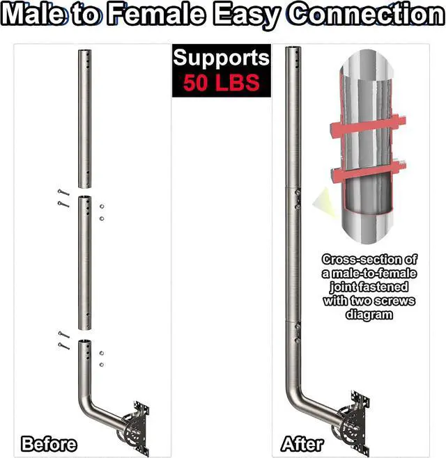 Alt view image 3 of 7 - 53" Heavy Duty Adjustable Antenna Wall Mount 430 Stainless Steel J-Pole Solid Mast Bracket for Starlink (Adapter Required), TV Antennas, Weather Stations 1.38" OD Pivot Base (Sliver)