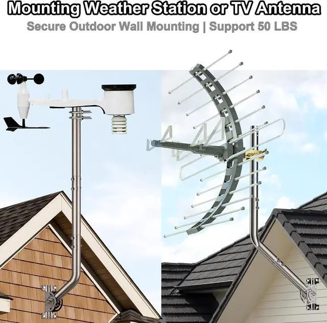 Alt view image 4 of 7 - 53" Heavy Duty Adjustable Antenna Wall Mount 430 Stainless Steel J-Pole Solid Mast Bracket for Starlink (Adapter Required), TV Antennas, Weather Stations 1.38" OD Pivot Base (Sliver)