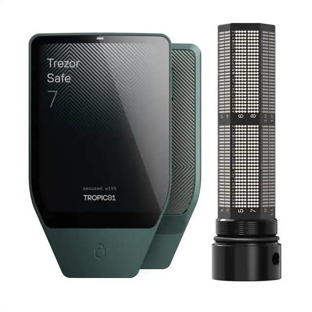 Main image of Trezor Safe 7 Hardware Wallet with Keep Metal Seed Backup Bundle Touchscreen Crypto Security, Secure Element Protection & Cold Storage Recovery Kit (Obsidian Green)