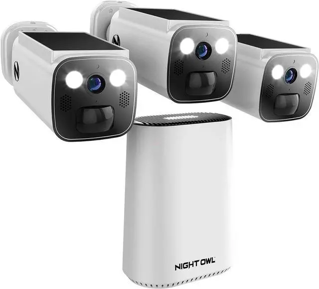 Main image of Night Owl Wi-Fi Hub with 64GB MicroSD Card and 3 Solar Powered Wireless 2K Cameras