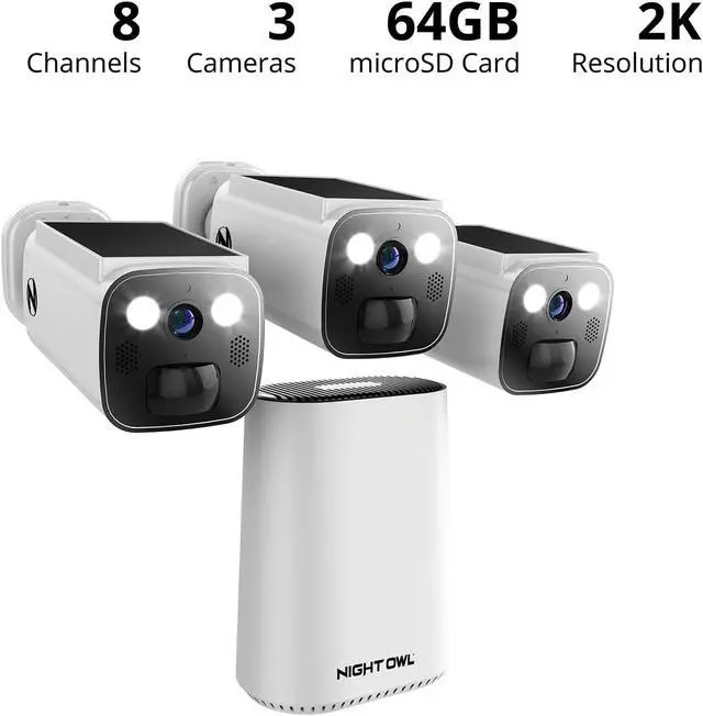 Alt view image 2 of 7 - Night Owl Wi-Fi Hub with 64GB MicroSD Card and 3 Solar Powered Wireless 2K Cameras