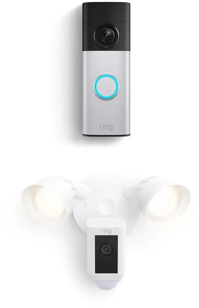 Main image of Ring Battery Doorbell Plus (newest model), Nickel Silver with Floodlight Cam Wired Plus, White