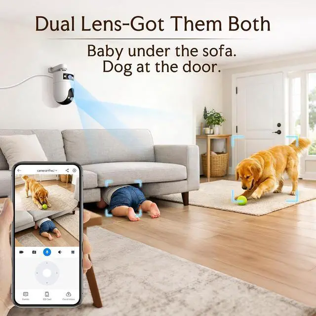 Alt view image 3 of 7 - JOOAN 2K Dual Lens Indoor Outdoor Security Camera, 5GHz/2.4GHz WiFi Pet Camera with PTZ Auto Tracking, Motion Detection, 2-Way Audio, IP66 Waterproof, for Baby/Dog/Cat/Elderly, Multi-User Shared