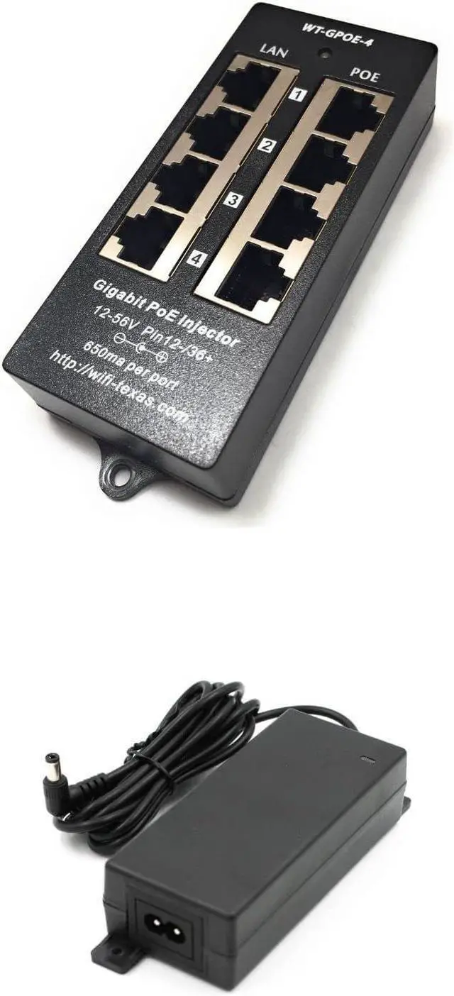 Main image of PoE Texas 4 Port PoE Injector - Gigabit Passive Power Over Ethernet and PoE Texas 48v Power Supply - 48 Volt 60 Watt AC to DC Power Supply