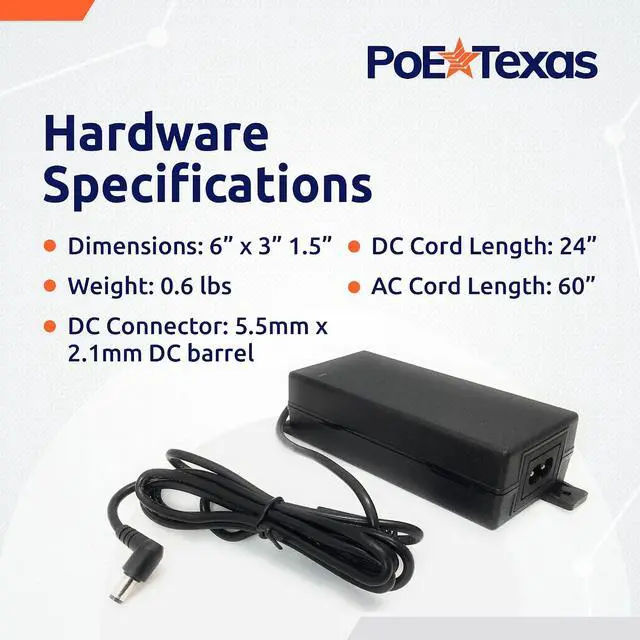Alt view image 7 of 7 - PoE Texas 4 Port PoE Injector - Gigabit Passive Power Over Ethernet and PoE Texas 48v Power Supply - 48 Volt 60 Watt AC to DC Power Supply