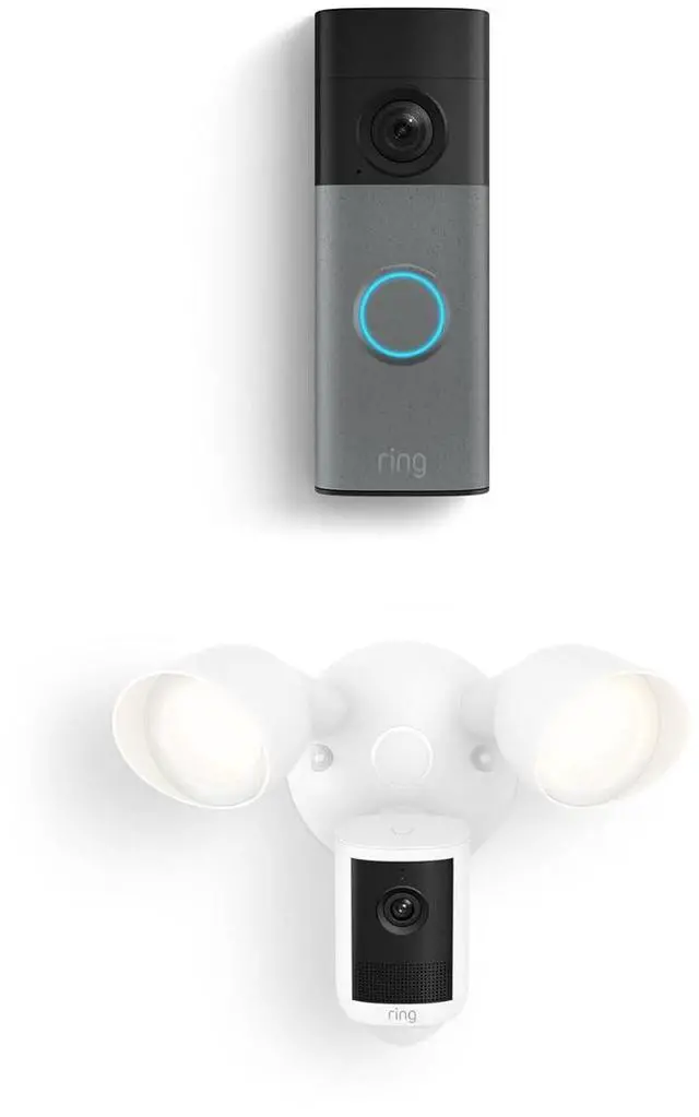 Main image of Ring Battery Doorbell (newest model), Speckled Gray with Floodlight Cam, Wired (newest model), White