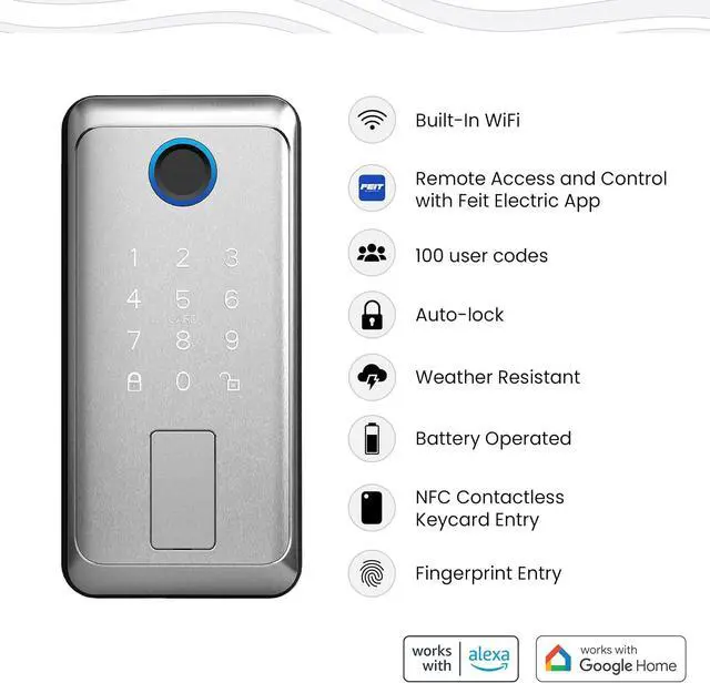 Alt view image 2 of 7 - Feit Electric Smart Touch, Keycard Door Lock, Fingerprint, NFC Keycard, Keypad, App Control, Auto-Lock, 100 Codes, Weatherproof, USB-C Backup, Smart Home Security Lock, Satin Nickel Finish