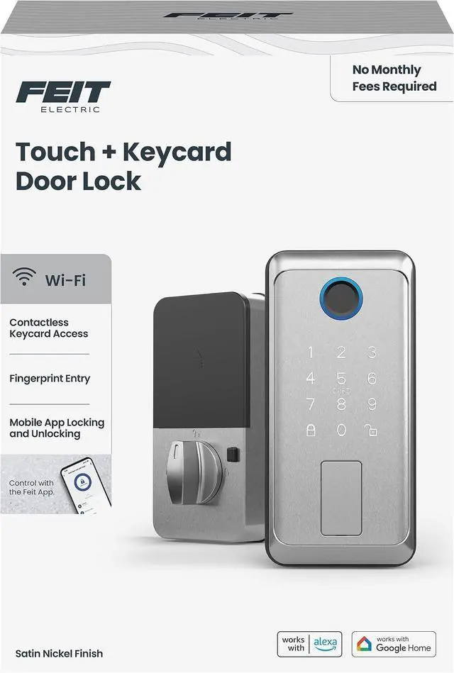 Main image of Feit Electric Smart Touch, Keycard Door Lock, Fingerprint, NFC Keycard, Keypad, App Control, Auto-Lock, 100 Codes, Weatherproof, USB-C Backup, Smart Home Security Lock, Satin Nickel Finish