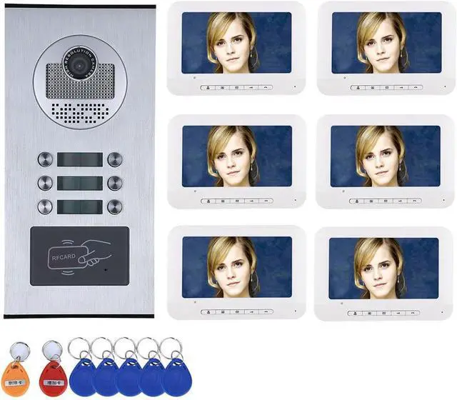Main image of Multi-Unit Home Apartment Visual Intercom Doorbell System, 7" Monitor 4-pin Wired Video Door Phone Kit, Indoor Outdoor IR HD Door Bell Camera, Keyfobs Unlock, 2 Way Audio (1 Doorbell+6 Monitor)