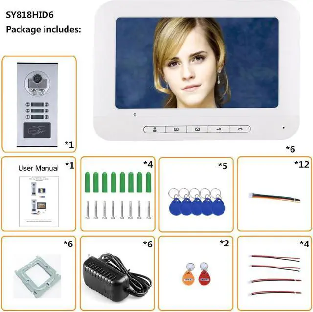 Alt view image 4 of 7 - Multi-Unit Home Apartment Visual Intercom Doorbell System, 7" Monitor 4-pin Wired Video Door Phone Kit, Indoor Outdoor IR HD Door Bell Camera, Keyfobs Unlock, 2 Way Audio (1 Doorbell+6 Monitor)