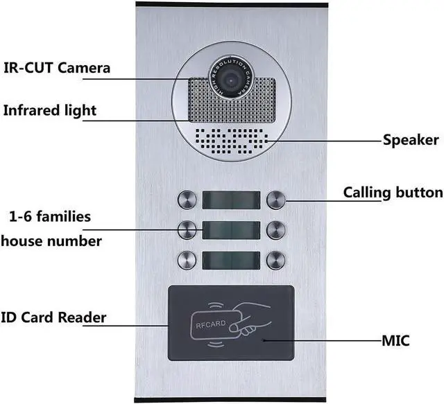 Alt view image 7 of 7 - Multi-Unit Home Apartment Visual Intercom Doorbell System, 7" Monitor 4-pin Wired Video Door Phone Kit, Indoor Outdoor IR HD Door Bell Camera, Keyfobs Unlock, 2 Way Audio (1 Doorbell+6 Monitor)
