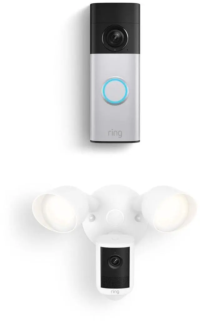 Main image of Ring Battery Doorbell Plus (newest model), Nickel Silver with Floodlight Cam, Wired (newest model), White