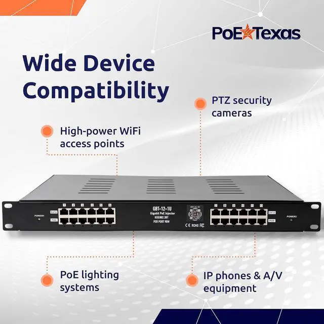 Alt view image 5 of 6 - PoE Texas 12-Port 2.5 Gigabit PoE++ Injector with 1200 Watt Power - IEEE 802.3bt Type 4 Active Midspan - 90 Watts Per Port for WiFi Access Points, PTZ Cameras, PoE Lighting - 1U Rack Mountable
