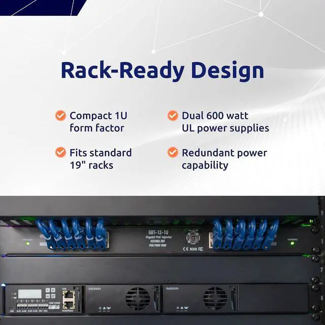 Alt view image 6 of 6 - PoE Texas 12-Port 2.5 Gigabit PoE++ Injector with 1200 Watt Power - IEEE 802.3bt Type 4 Active Midspan - 90 Watts Per Port for WiFi Access Points, PTZ Cameras, PoE Lighting - 1U Rack Mountable