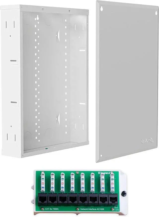 Main image of Legrand On-Q 20 Structured Media Enclosure + 8-Port Cat5e Network Interface Module in-Wall Network Panel with Ethernet Distribution for Structured Wiring