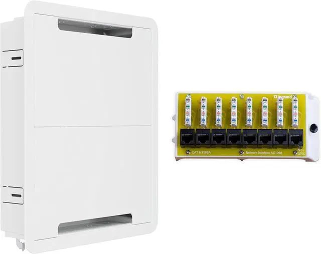 Main image of Legrand On-Q 17 in-Wall Media Enclosure + 8-Port Cat6 Network Interface Module Recessed Structured Wiring Box with Ethernet Distribution for Home Networking