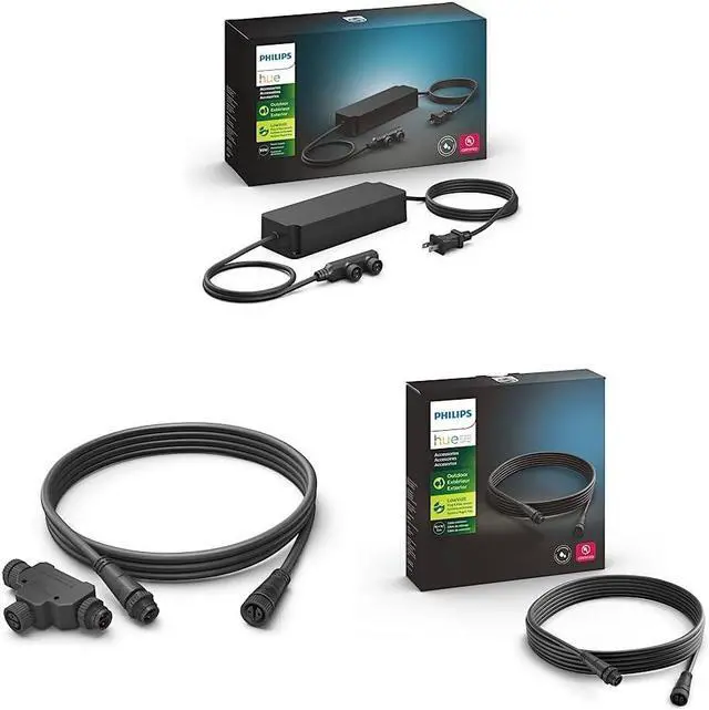 Main image of Philips Hue 100W Outdoor Power Supply, Black & Outdoor 8 Foot Cable and T Connector & Outdoor 16 Foot Cable Extension - (1) 16 Foot Cable - Extend Your Hue Outdoor Lights - Requires Hue Bridge