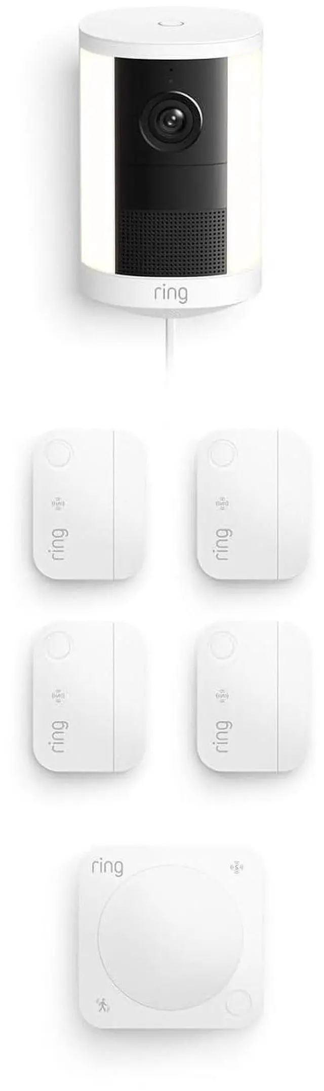 Main image of Ring Spotlight Cam, Plug-In (newest model), White with Window & Door Sensor 4-Pack and Motion Detector
