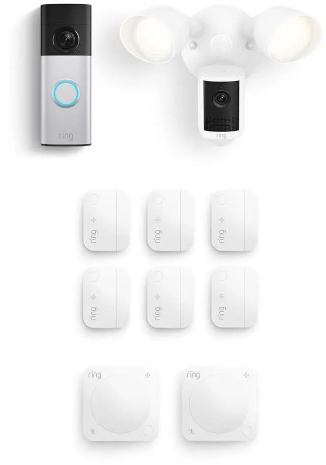 Main image of Ring Battery Doorbell Plus (newest model), Nickel Silver with Floodlight Cam, Wired (newest model), White, Window & Door Sensor 6-Pack, and Motion Detector 2-Pack
