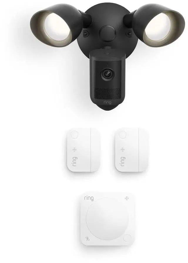 Main image of Ring Floodlight Cam, Wired (newest model), Black with Window & Door Sensor 2-Pack and Motion Detector