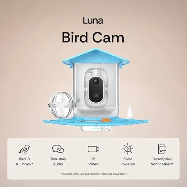 Alt view image 2 of 6 - Luna 2K Indoor Cameras for Home Security, 2.4GHz & 5GHz WiFi, 360-Degree Pan-Tilt, Built-in Spotlight, Luna Smart Bird Feeder with Camera, Enhanced AI Bird Species Identification, Solar Powered