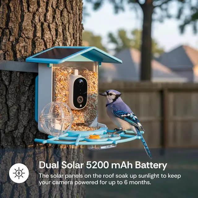 Alt view image 6 of 6 - Luna 2K Indoor Cameras for Home Security, 2.4GHz & 5GHz WiFi, 360-Degree Pan-Tilt, Built-in Spotlight, Luna Smart Bird Feeder with Camera, Enhanced AI Bird Species Identification, Solar Powered