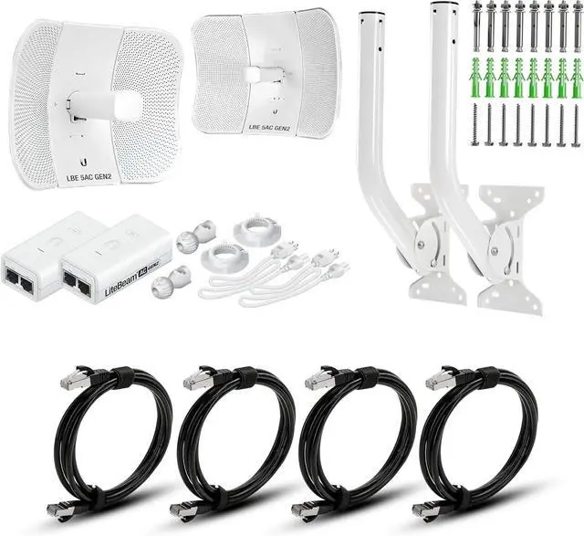 Main image of Wireless Bridge LBE 5AC GEN2 PRE CONFIGURED Bundle of 2 Ubiquiti LiteBeam 5AC GEN2 2 J Poles 4 CAT 8 Cables 100 Configured Outdoor Point to Point Wi Fi Bridge Access Point 450 Mbps 15 km Range