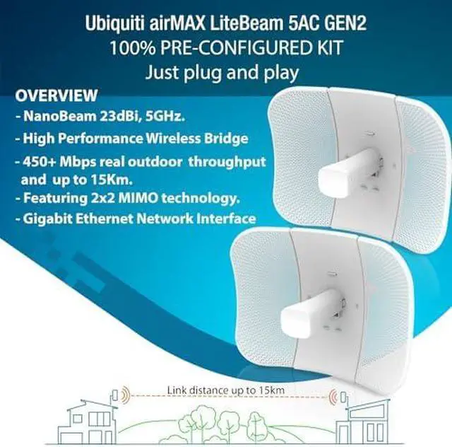 Alt view image 5 of 7 - Wireless Bridge LBE 5AC GEN2 PRE CONFIGURED Bundle of 2 Ubiquiti LiteBeam 5AC GEN2 2 J Poles 4 CAT 8 Cables 100 Configured Outdoor Point to Point Wi Fi Bridge Access Point 450 Mbps 15 km Range