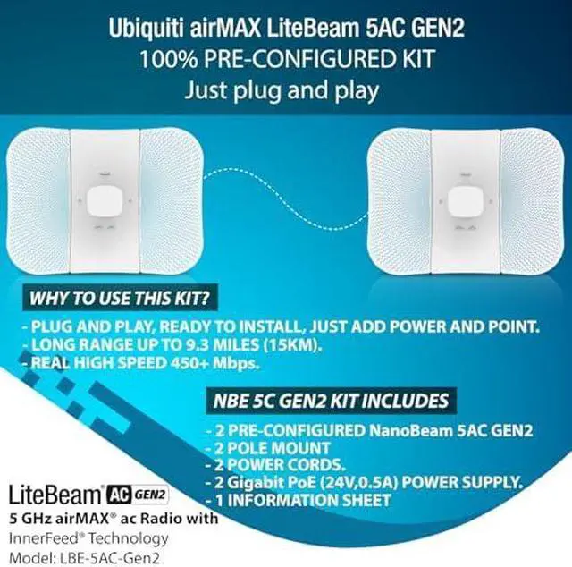 Alt view image 6 of 7 - Wireless Bridge LBE 5AC GEN2 PRE CONFIGURED Bundle of 2 Ubiquiti LiteBeam 5AC GEN2 2 J Poles 4 CAT 8 Cables 100 Configured Outdoor Point to Point Wi Fi Bridge Access Point 450 Mbps 15 km Range