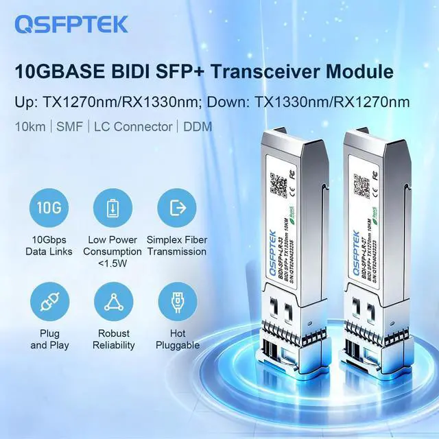 Alt view image 3 of 7 - 1 Pair 10G SFP+ Bidi Transceivers, SFP Single Mode LC 10g Module, 10Gb Bi-Directional Mini gbic for Cisco SFP-10G-BXD-I (1330nm-TX/1270nm-RX) / SFP-10G-BXU-I (1270nm-TX/1330nm-RX),10KM, with DDM