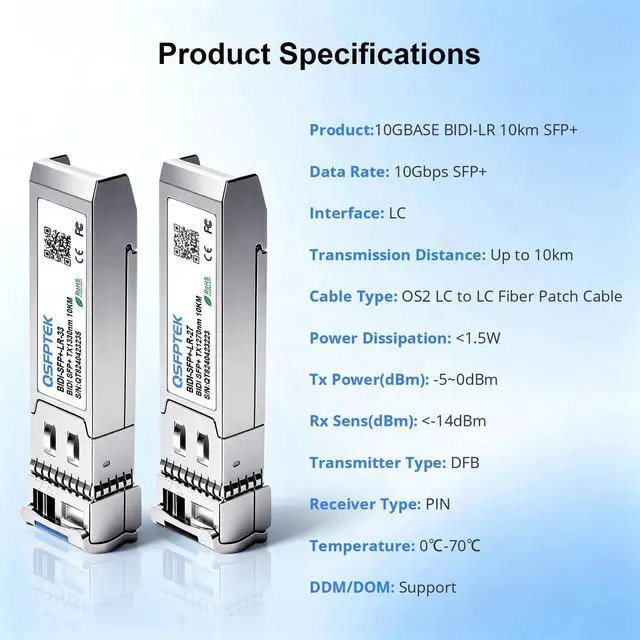 Alt view image 7 of 7 - 1 Pair 10G SFP+ Bidi Transceivers, SFP Single Mode LC 10g Module, 10Gb Bi-Directional Mini gbic for Cisco SFP-10G-BXD-I (1330nm-TX/1270nm-RX) / SFP-10G-BXU-I (1270nm-TX/1330nm-RX),10KM, with DDM