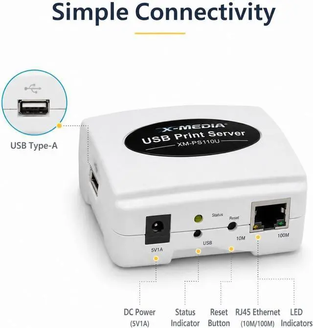 Alt view image 3 of 7 - X-MEDIA XM-PS110U 1-Port 10/100Mbps Fast Ethernet USB Print Server