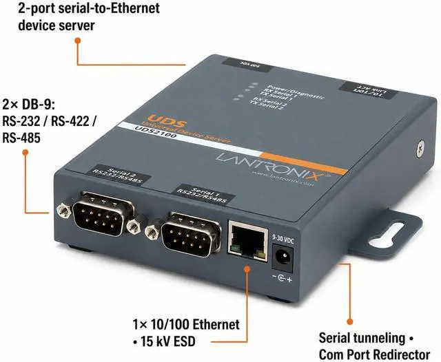 Alt view image 5 of 7 - Lantronix UDS1100/UDS2100 Device Server - 1- or 2-Port Serial-to-Ethernet Device Server, RS-232/422/485, 10/100 Ethernet with 15 kV ESD Protection; UDS2100 Supports PoE - UD2100002-01