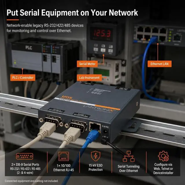 Alt view image 6 of 7 - Lantronix UDS1100/UDS2100 Device Server - 1- or 2-Port Serial-to-Ethernet Device Server, RS-232/422/485, 10/100 Ethernet with 15 kV ESD Protection; UDS2100 Supports PoE - UD2100002-01
