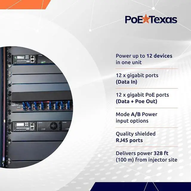 Alt view image 3 of 6 - PoE Texas 12-Port Gigabit Passive PoE Injector, 48V 120W, Mode A/B