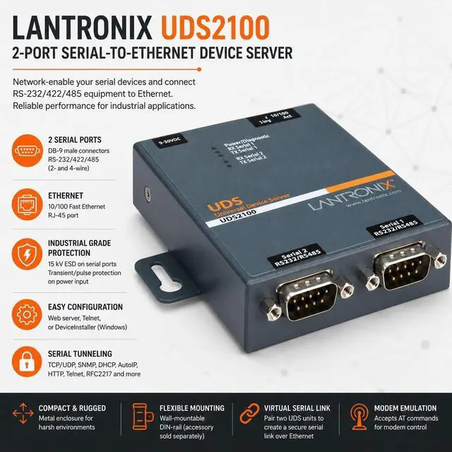 Alt view image 4 of 7 - Lantronix UDS1100/UDS2100 Device Server - 1- or 2-Port Serial-to-Ethernet Device Server, RS-232/422/485, 10/100 Ethernet with 15 kV ESD Protection; UDS2100 Supports PoE - UD2100001-01