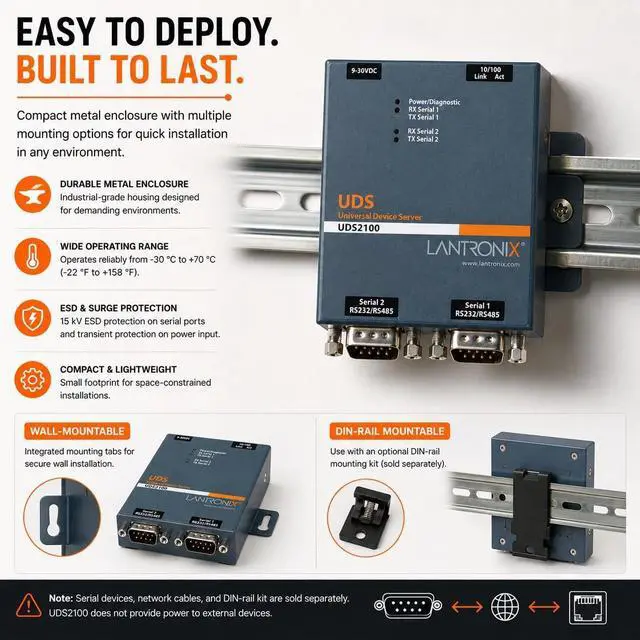 Alt view image 5 of 7 - Lantronix UDS1100/UDS2100 Device Server - 1- or 2-Port Serial-to-Ethernet Device Server, RS-232/422/485, 10/100 Ethernet with 15 kV ESD Protection; UDS2100 Supports PoE - UD2100001-01