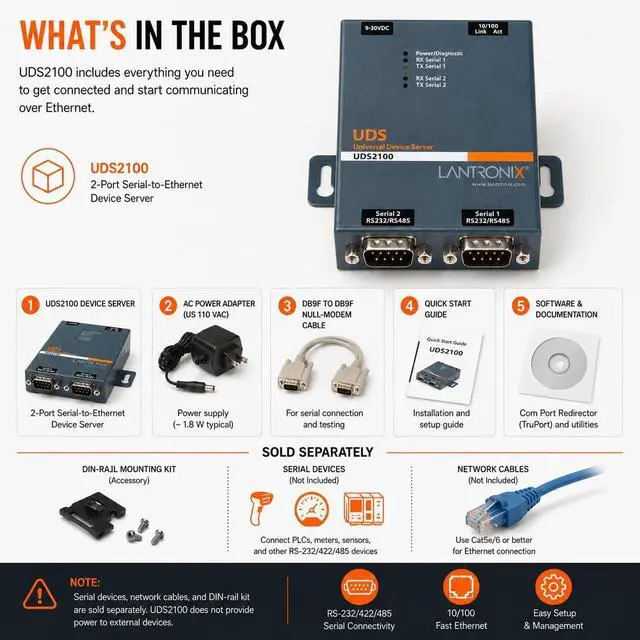 Alt view image 7 of 7 - Lantronix UDS1100/UDS2100 Device Server - 1- or 2-Port Serial-to-Ethernet Device Server, RS-232/422/485, 10/100 Ethernet with 15 kV ESD Protection; UDS2100 Supports PoE - UD2100001-01