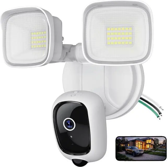 Main image of 2K Hardwired Flood Light Camera, 3500LM Dual-Head Outdoor Security Camera with Color Night Vision, 5G/2.4G WiFi, PIR Motion Detection, Siren, 2-Way Audio, IP65, Compatible with Alexa & Google