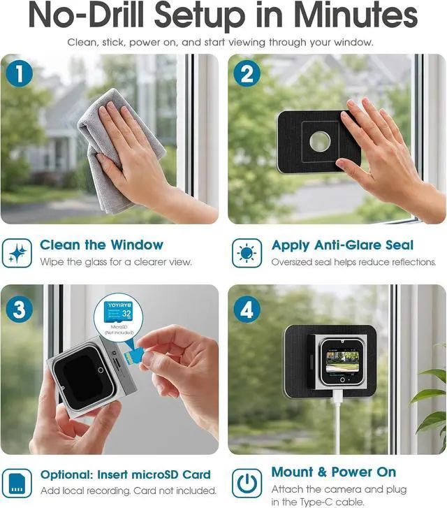 Alt view image 5 of 7 - 5MP Window Camera with 2" Screen, Motion-Wake Display, Person & Motion Detection, 2.4/5GHz WiFi Indoor & Outdoor Security Cameras, Color Night Vision, Anti-Glare, 24/7 Recording, No-Drilling