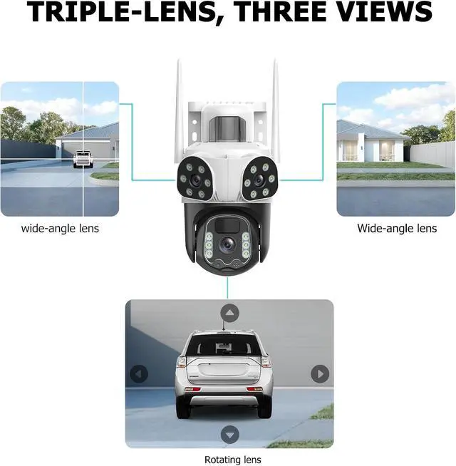 Alt view image 2 of 7 - 4K Solar Security Cameras Wireless Outdoor with Triple-Lens, 360°PTZ Camera for Home Security with Color Night Vision, PIR Motion Detection, Easy to Install, 2-Way Audio, Spotlight Siren, 2.4G WiFi
