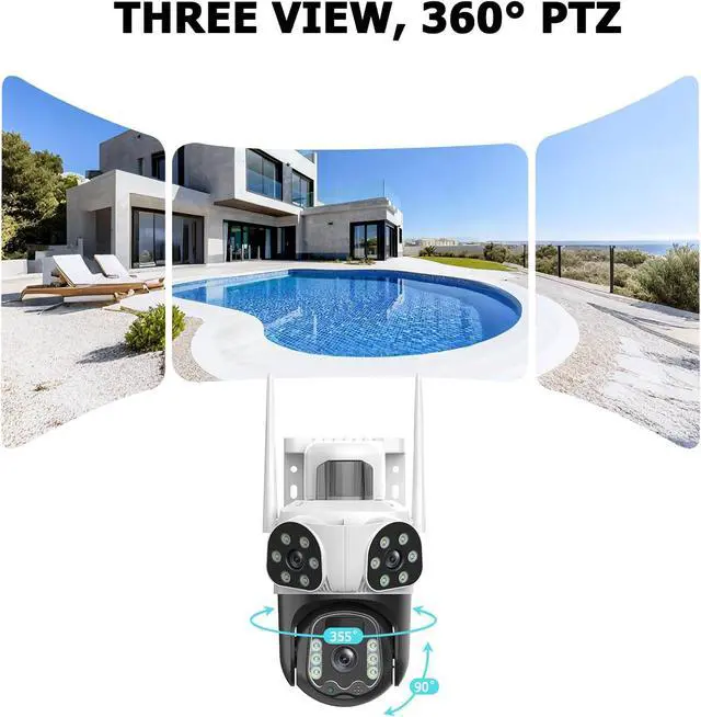 Alt view image 3 of 7 - 4K Solar Security Cameras Wireless Outdoor with Triple-Lens, 360°PTZ Camera for Home Security with Color Night Vision, PIR Motion Detection, Easy to Install, 2-Way Audio, Spotlight Siren, 2.4G WiFi